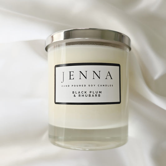 Soy wax Candle | Black Plum & Rhubarb Scented Candle | Home Fragrance | 30cl fragrant candle in a glass jar with a silver coloured lid